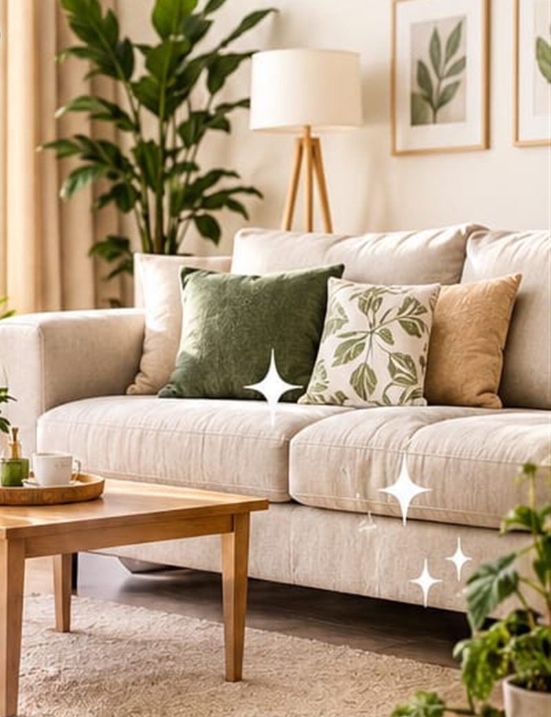 A bright, freshly cleaned living room with a spotless sofa